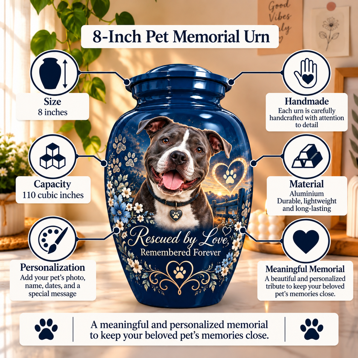 custom pet photo memorial urn for pet ashes, handmade aluminum pet memorial urn with photo – picture 2