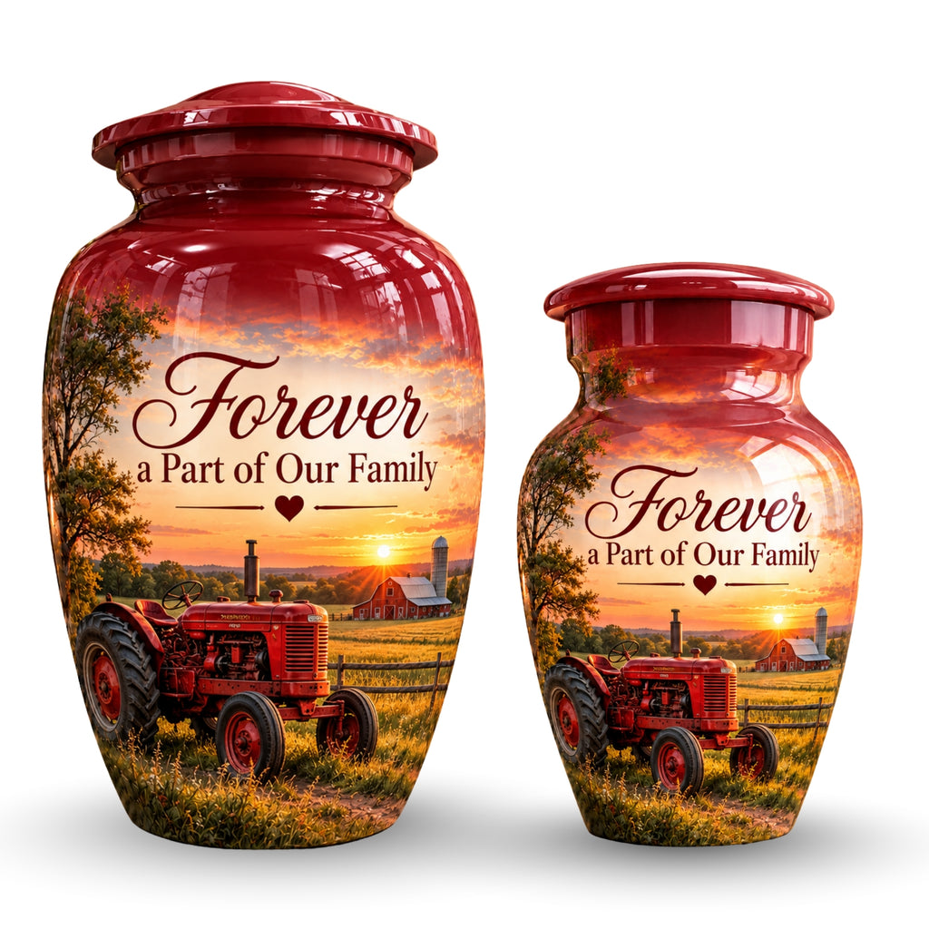 red tractor farm sunset cremation urn for human ashes, handmade aluminum – photo 7