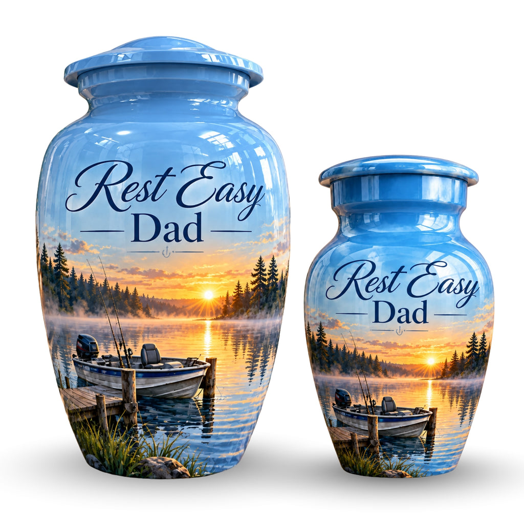 misty lake fishing boat cremation urn for human ashes, handmade aluminum – photo 7