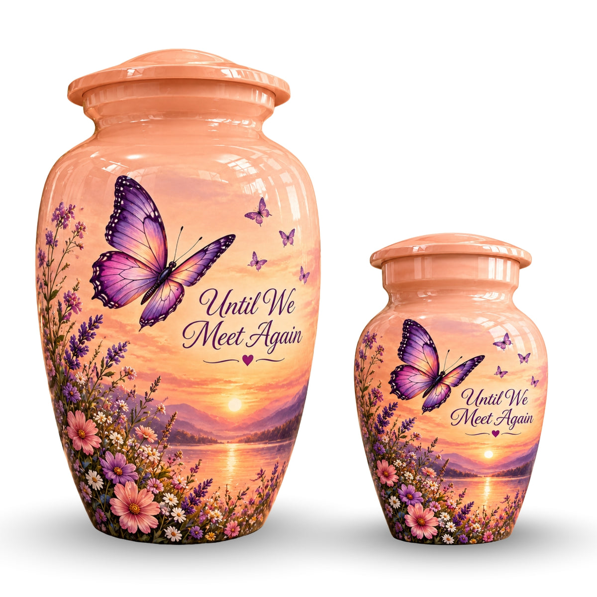 Peach Sunset Purple Butterfly Cremation Urn for Human Ashes – Personalized Handmade Aluminum Urn