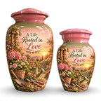 Pink Floral Garden Sunset Cremation Urn for Human Ashes – Personalized Handmade Aluminum Urn