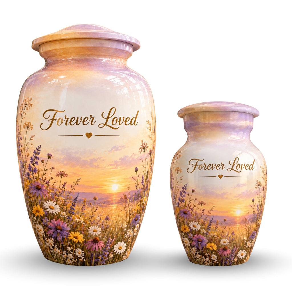 Sunset Wildflower Memorial Cremation Urn for Human Ashes – Personalized Handmade Aluminum Urn