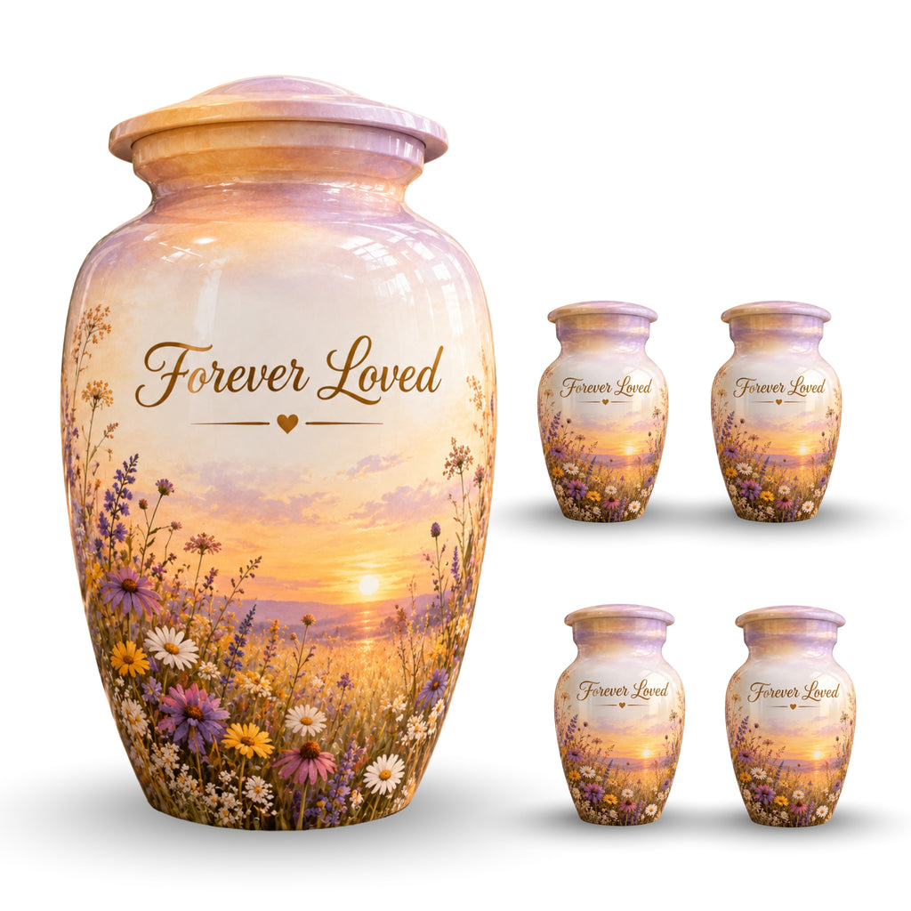 Sunset Wildflower Memorial Cremation Urn for Human Ashes – Personalized Handmade Aluminum Urn
