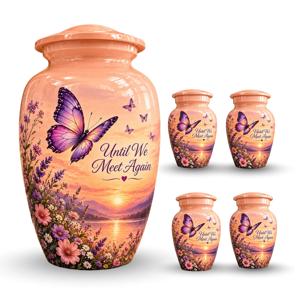 Peach Sunset Purple Butterfly Cremation Urn for Human Ashes – Personalized Handmade Aluminum Urn