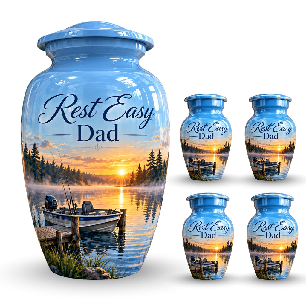 misty lake fishing boat cremation urn for human ashes, handmade aluminum – photo 8