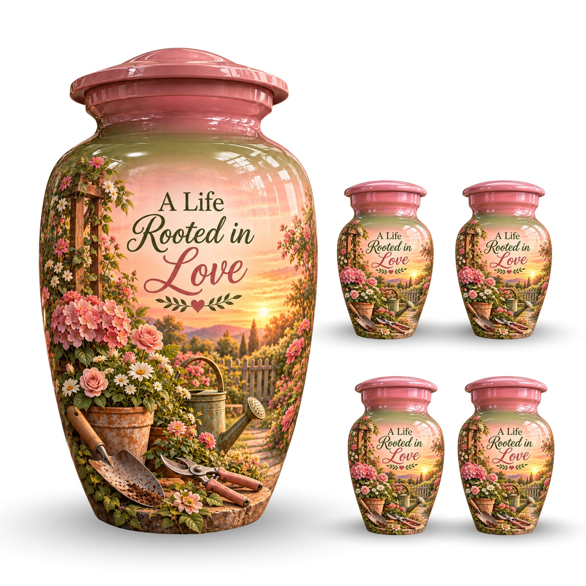 Pink Floral Garden Sunset Cremation Urn for Human Ashes – Personalized Handmade Aluminum Urn