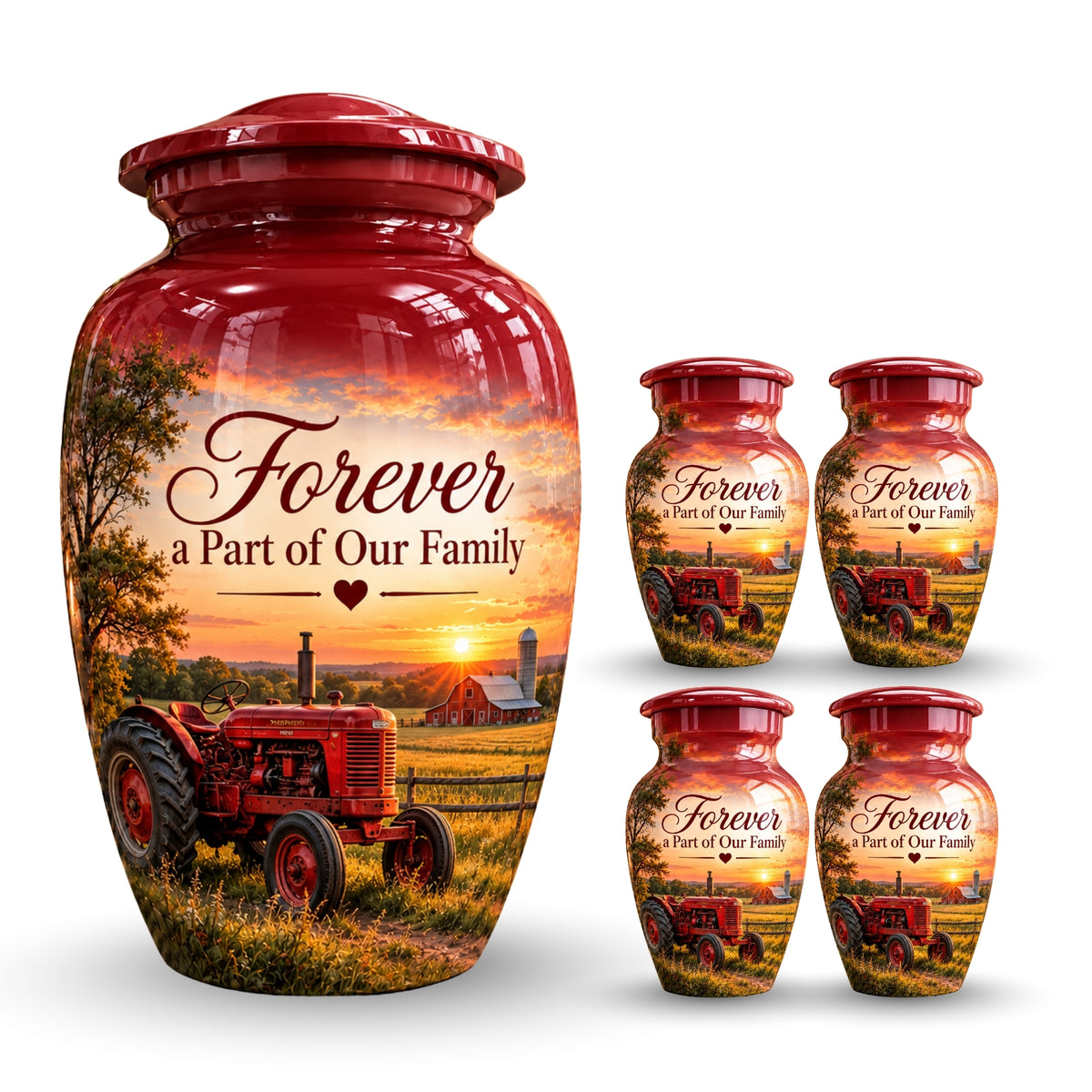 red tractor farm sunset cremation urn for human ashes, handmade aluminum – photo 8