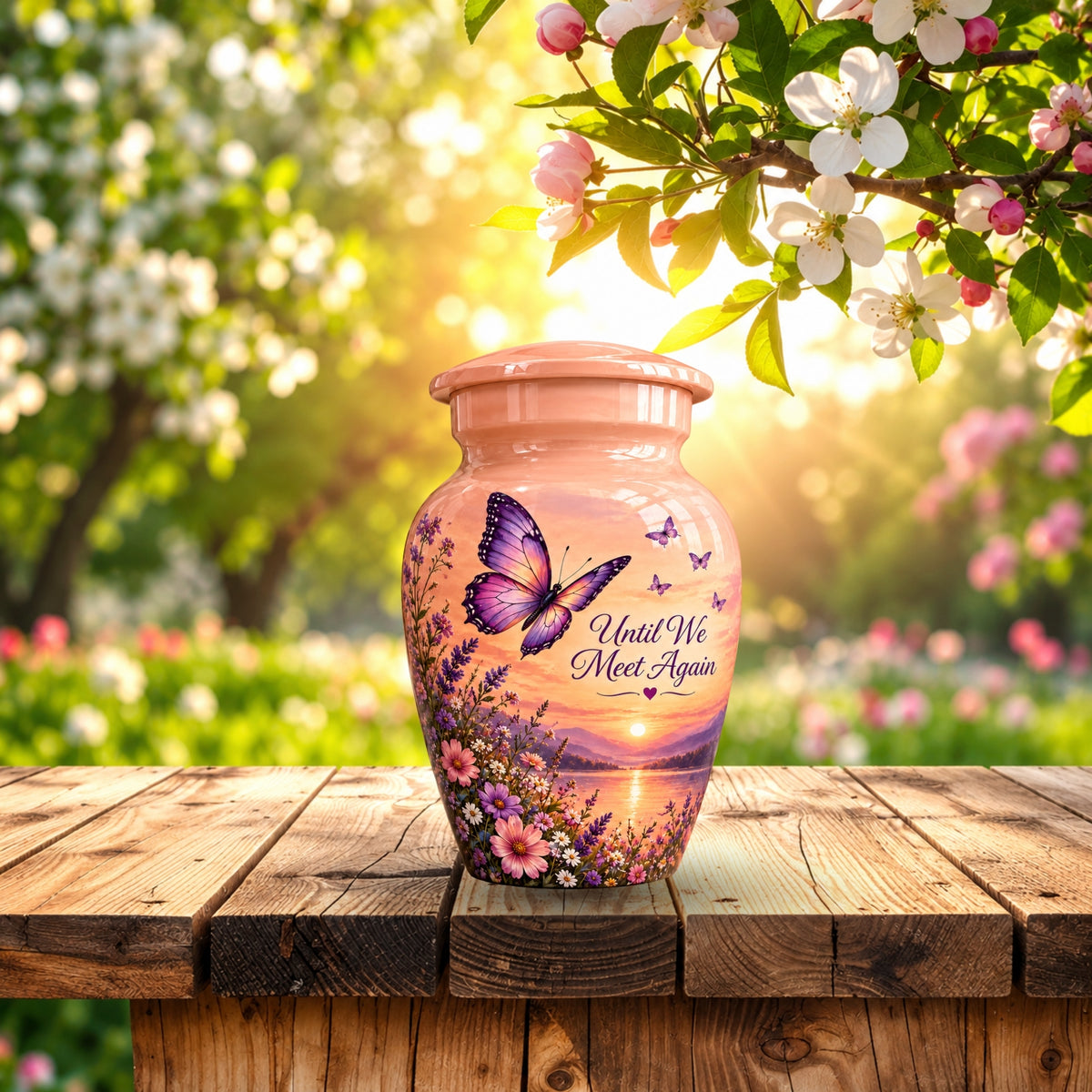 Peach Sunset Purple Butterfly Cremation Urn for Human Ashes – Personalized Handmade Aluminum Urn