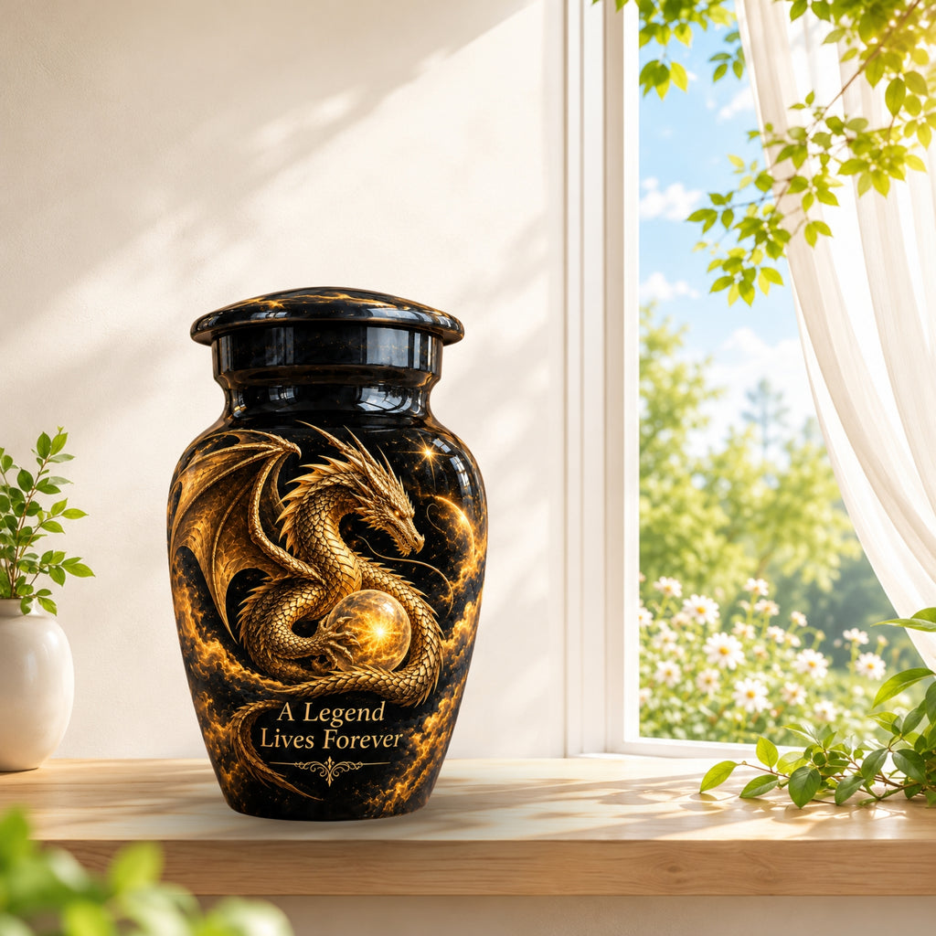 mythical dragon cremation urn for human ashes, handmade aluminum urn – photo 9