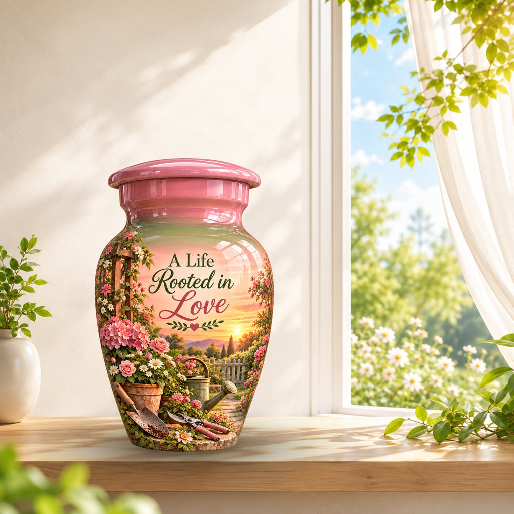 Pink Floral Garden Sunset Cremation Urn for Human Ashes – Personalized Handmade Aluminum Urn