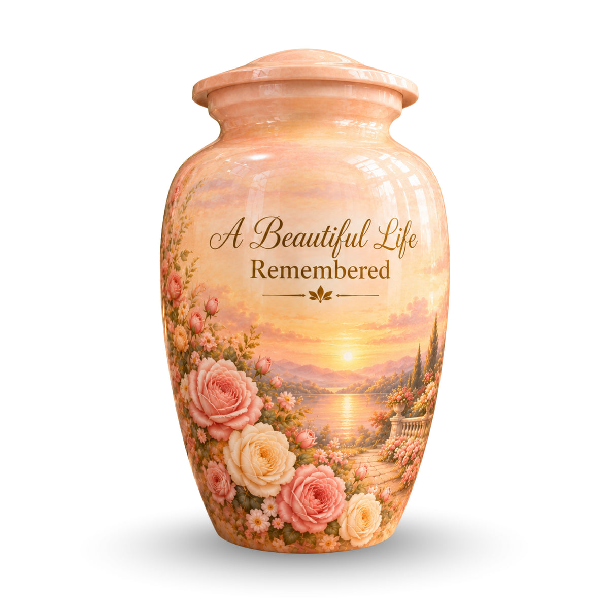 Rose Garden Sunset Cremation Urn for Human Ashes – Personalized Handmade Aluminum Urn