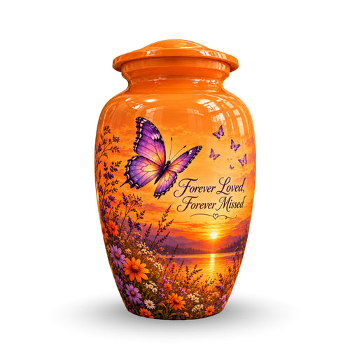 Orange Sunset Purple Butterfly Cremation Urn for Human Ashes – Personalized Handmade Aluminum Urn