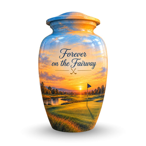 Golf Course Sunset Cremation Urn for Human Ashes – Personalized Handmade Aluminum Urn