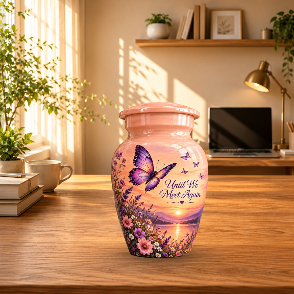 Peach Sunset Purple Butterfly Cremation Urn for Human Ashes – Personalized Handmade Aluminum Urn