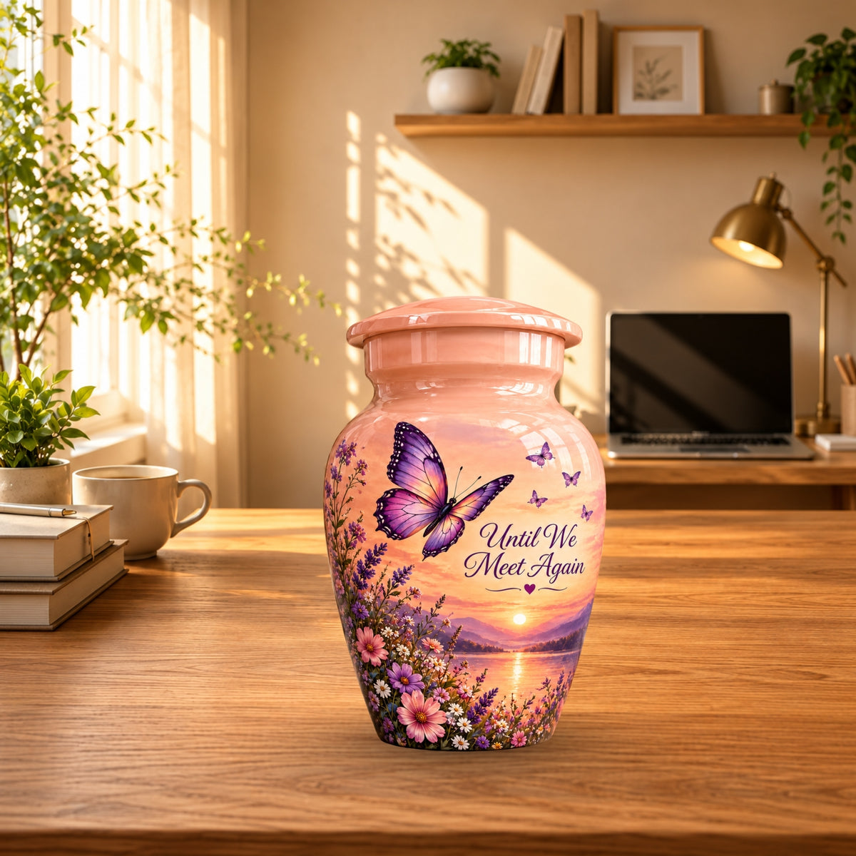 Peach Sunset Purple Butterfly Cremation Urn for Human Ashes – Personalized Handmade Aluminum Urn