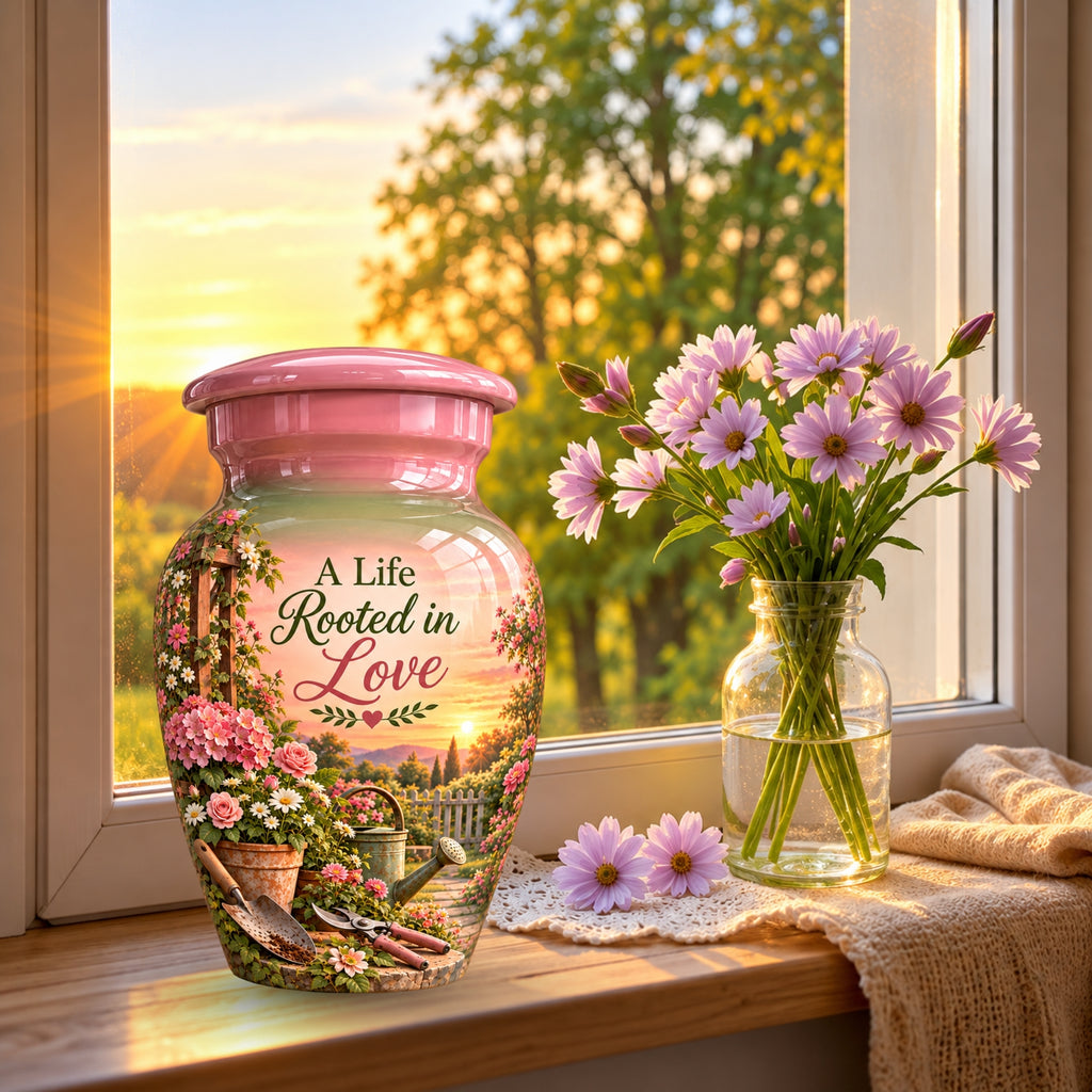 Pink Floral Garden Sunset Cremation Urn for Human Ashes – Personalized Handmade Aluminum Urn