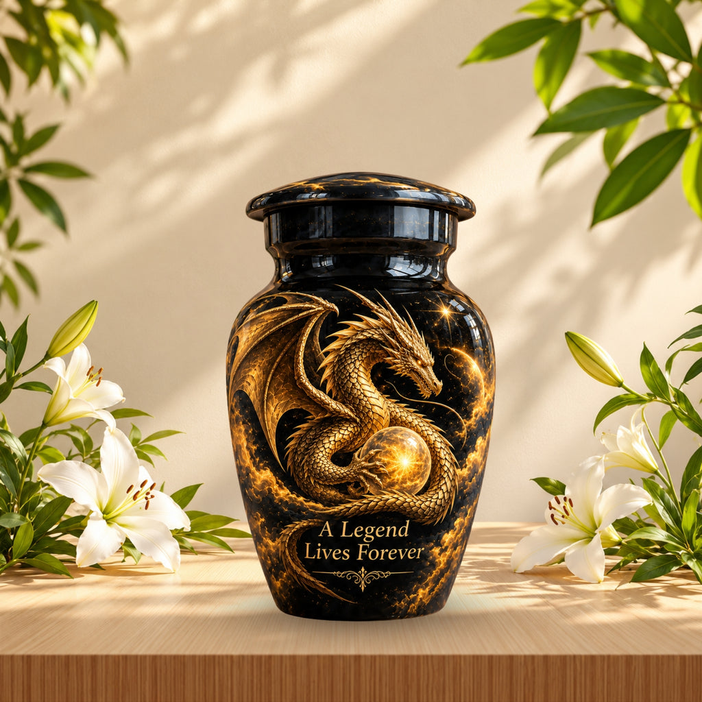 mythical dragon cremation urn for human ashes, handmade aluminum urn – photo 10