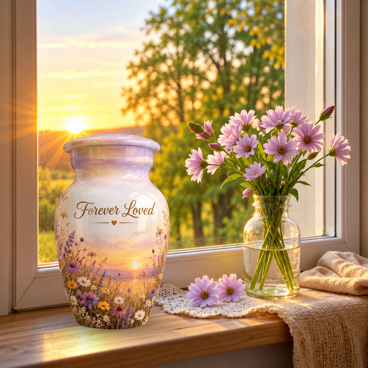 Sunset Wildflower Memorial Cremation Urn for Human Ashes – Personalized Handmade Aluminum Urn