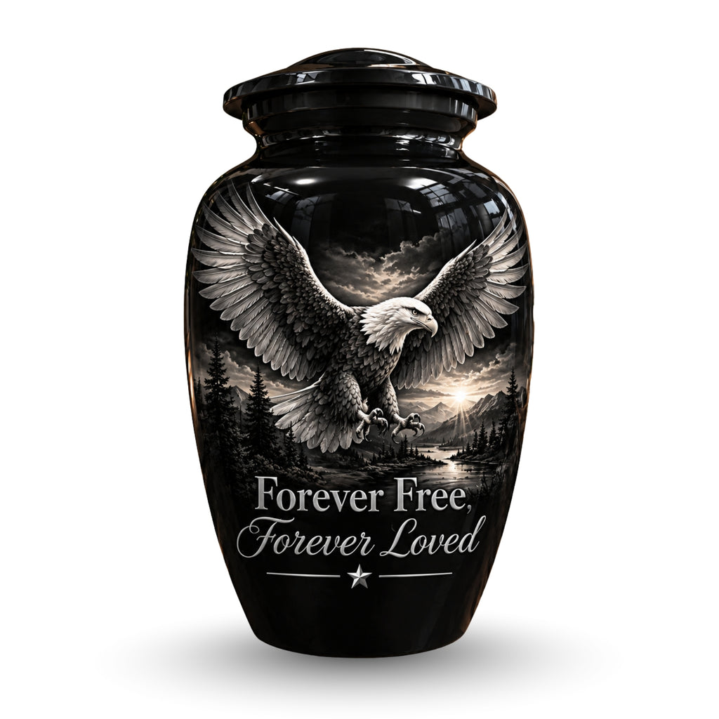 black & white eagle mountain lake cremation urn for human ashes, handmade aluminum – photo 1