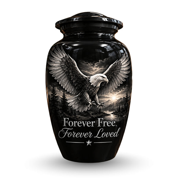 black & white eagle mountain lake cremation urn for human ashes, handmade aluminum – photo 1