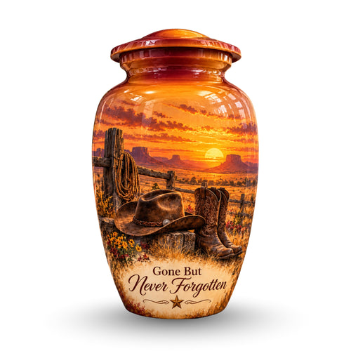 Cowboy Boots and Hat Cremation Urn for Human Ashes – Personalized Handmade Aluminum Urn