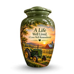 vintage tractor farm sunset cremation urn for human ashes, handmade aluminum – photo 1