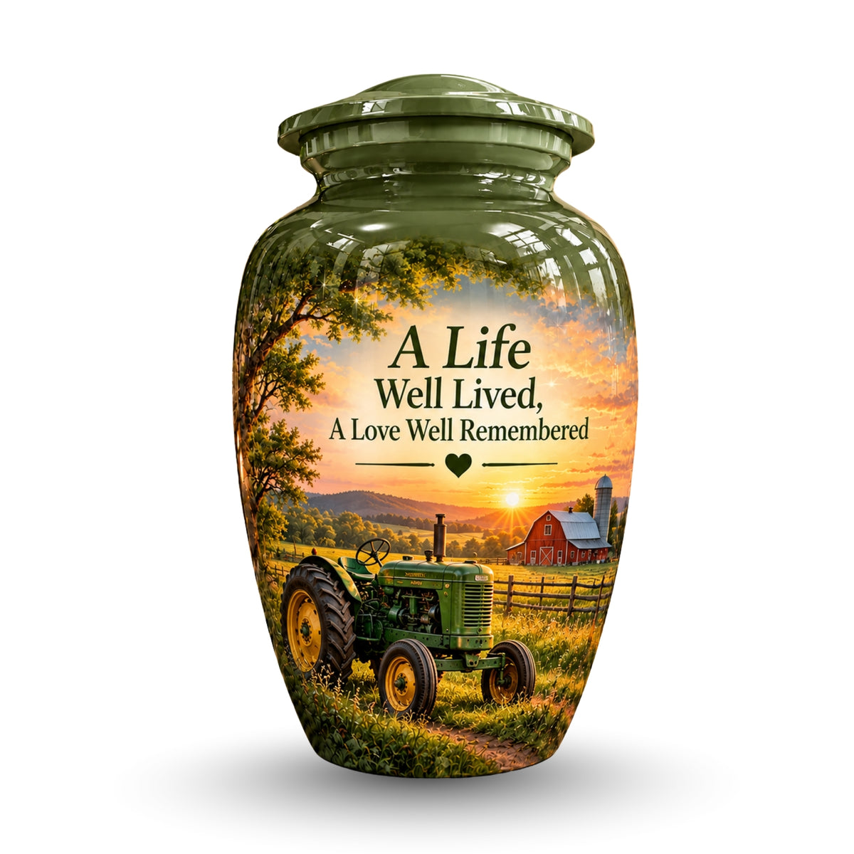 vintage tractor farm sunset cremation urn for human ashes, handmade aluminum – photo 1
