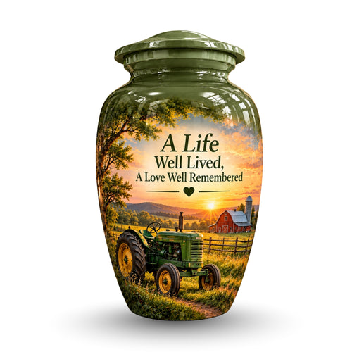 vintage tractor farm sunset cremation urn for human ashes, handmade aluminum – photo 1