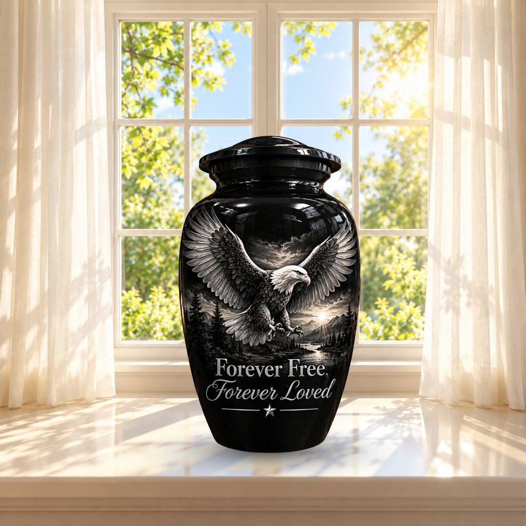 black & white eagle mountain lake cremation urn for human ashes, handmade aluminum – photo 2