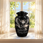 black & white eagle mountain lake cremation urn for human ashes, handmade aluminum – photo 2
