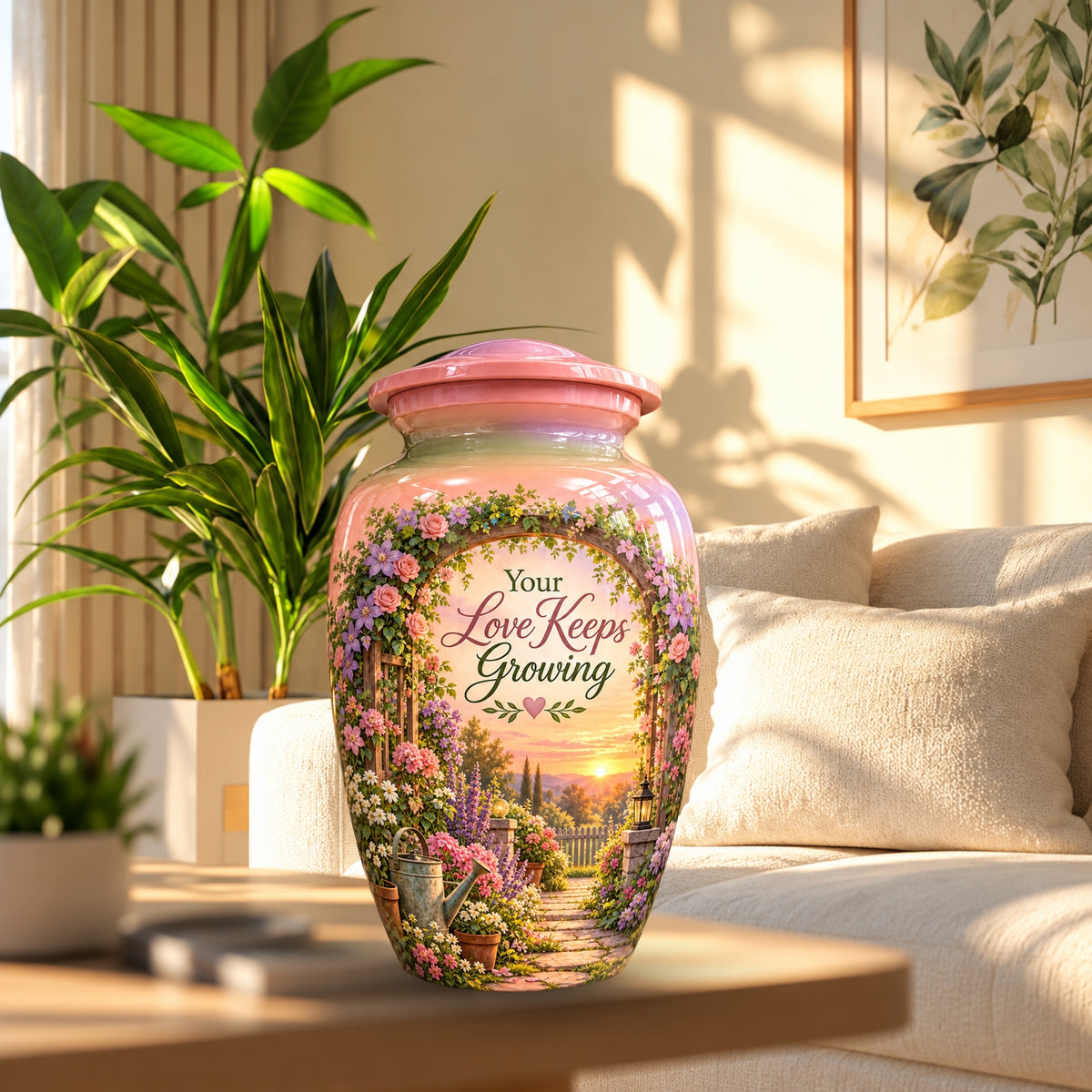 Floral Garden Arbor Sunset Cremation Urn for Human Ashes – Personalized Handmade Aluminum Urn