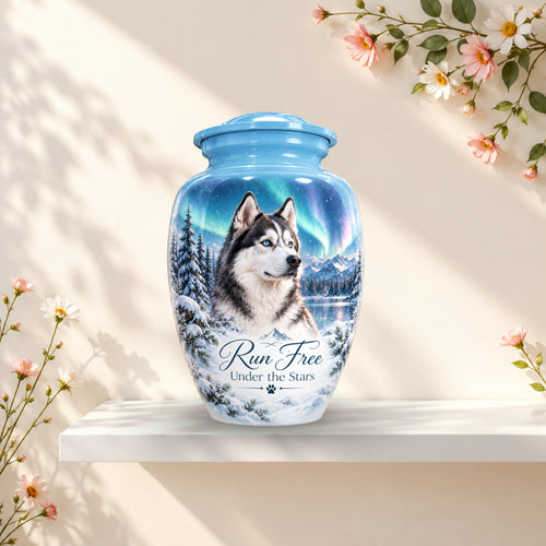 Siberian Husky cremation urn for dog ashes with personalized photo and name