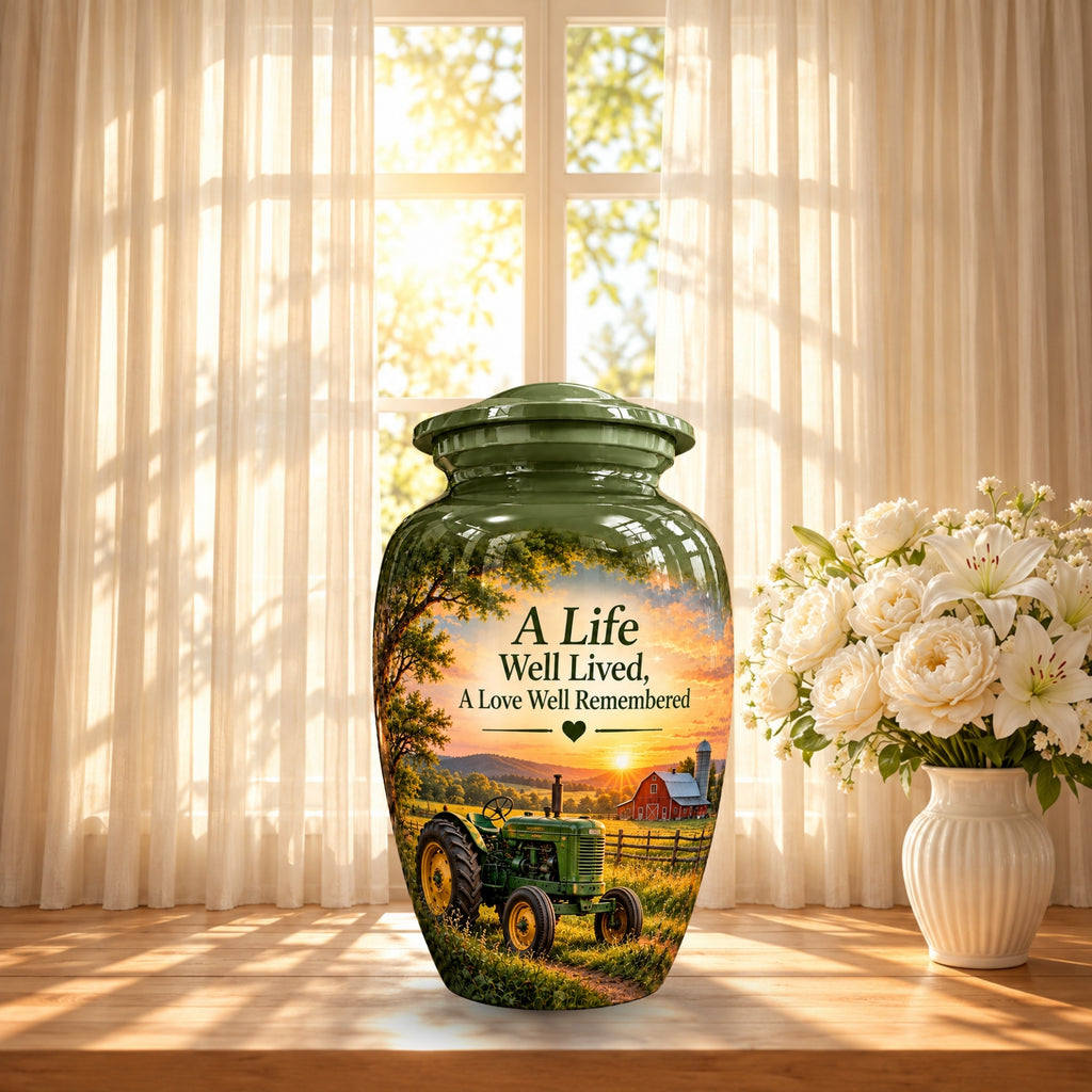 vintage tractor farm sunset cremation urn for human ashes, handmade aluminum – photo 3