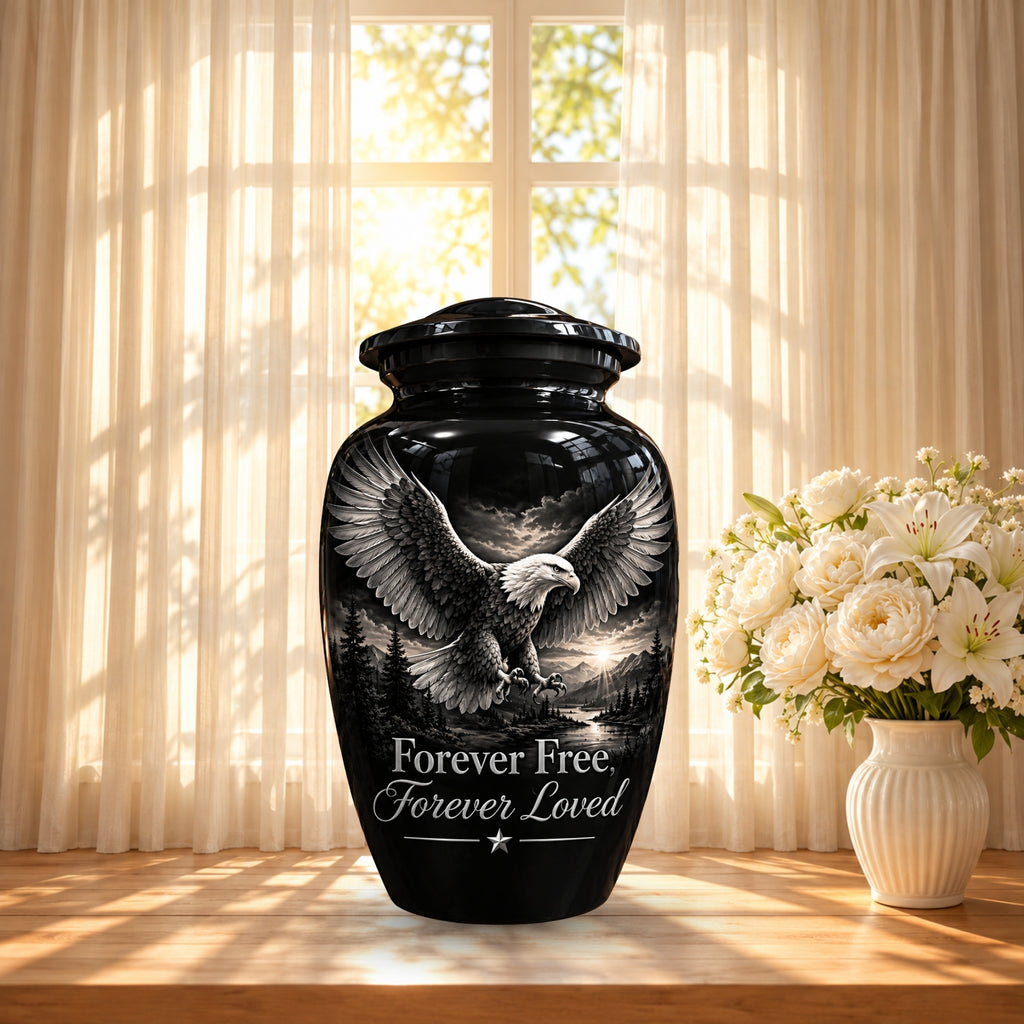 black & white eagle mountain lake cremation urn for human ashes, handmade aluminum – photo 3