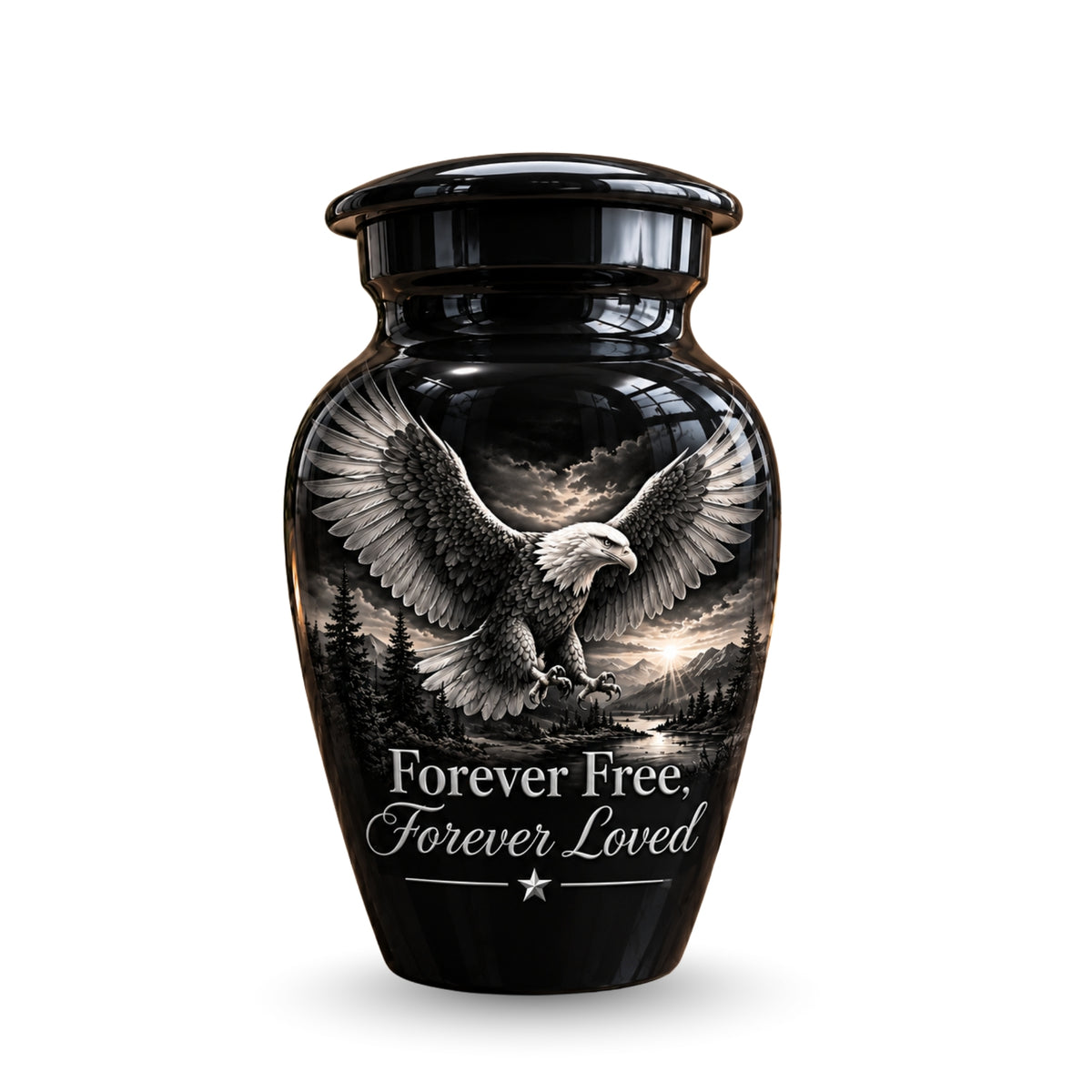 black & white eagle mountain lake cremation urn for human ashes, handmade aluminum – photo 4