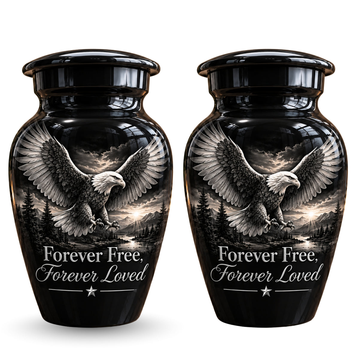 black & white eagle mountain lake cremation urn for human ashes, handmade aluminum – photo 5