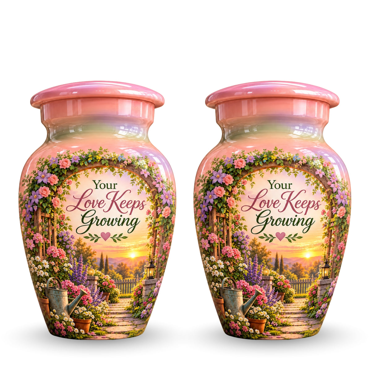 Floral Garden Arbor Sunset Cremation Urn for Human Ashes – Personalized Handmade Aluminum Urn