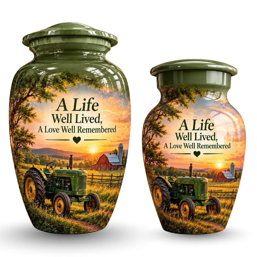 vintage tractor farm sunset cremation urn for human ashes, handmade aluminum – photo 7