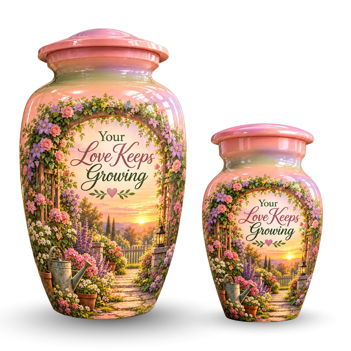 Floral Garden Arbor Sunset Cremation Urn for Human Ashes – Personalized Handmade Aluminum Urn
