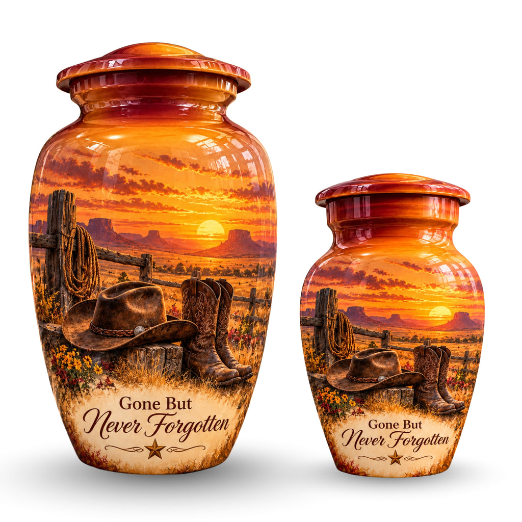 Cowboy Boots and Hat Cremation Urn for Human Ashes – Personalized Handmade Aluminum Urn