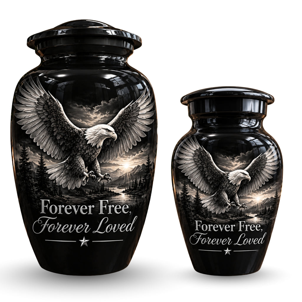 black & white eagle mountain lake cremation urn for human ashes, handmade aluminum – photo 7