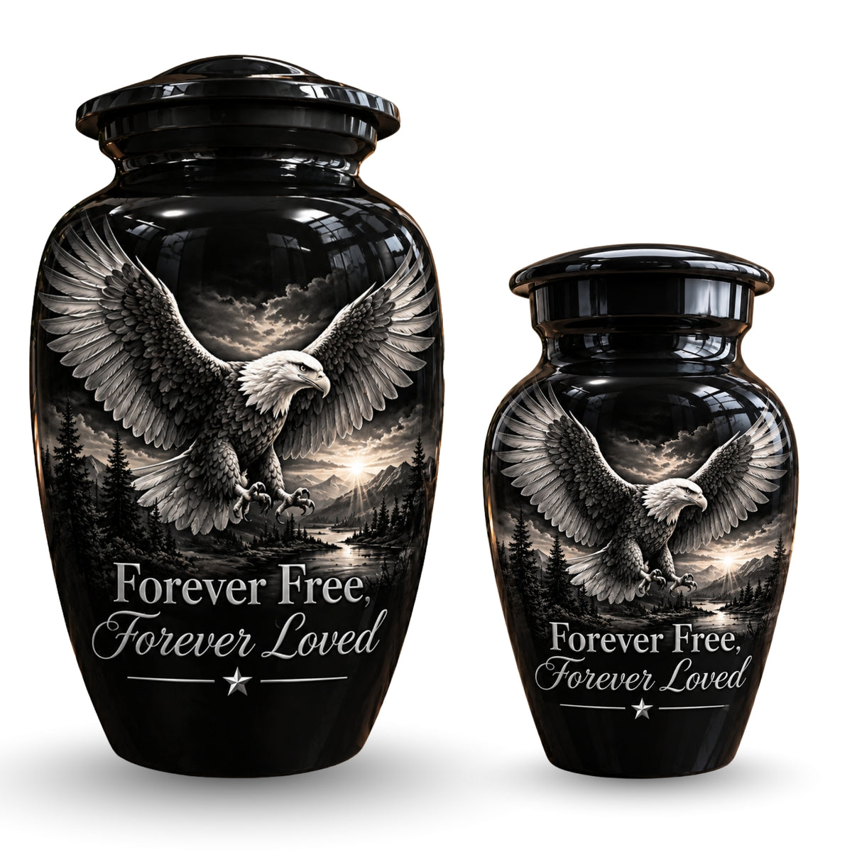 black & white eagle mountain lake cremation urn for human ashes, handmade aluminum – photo 7