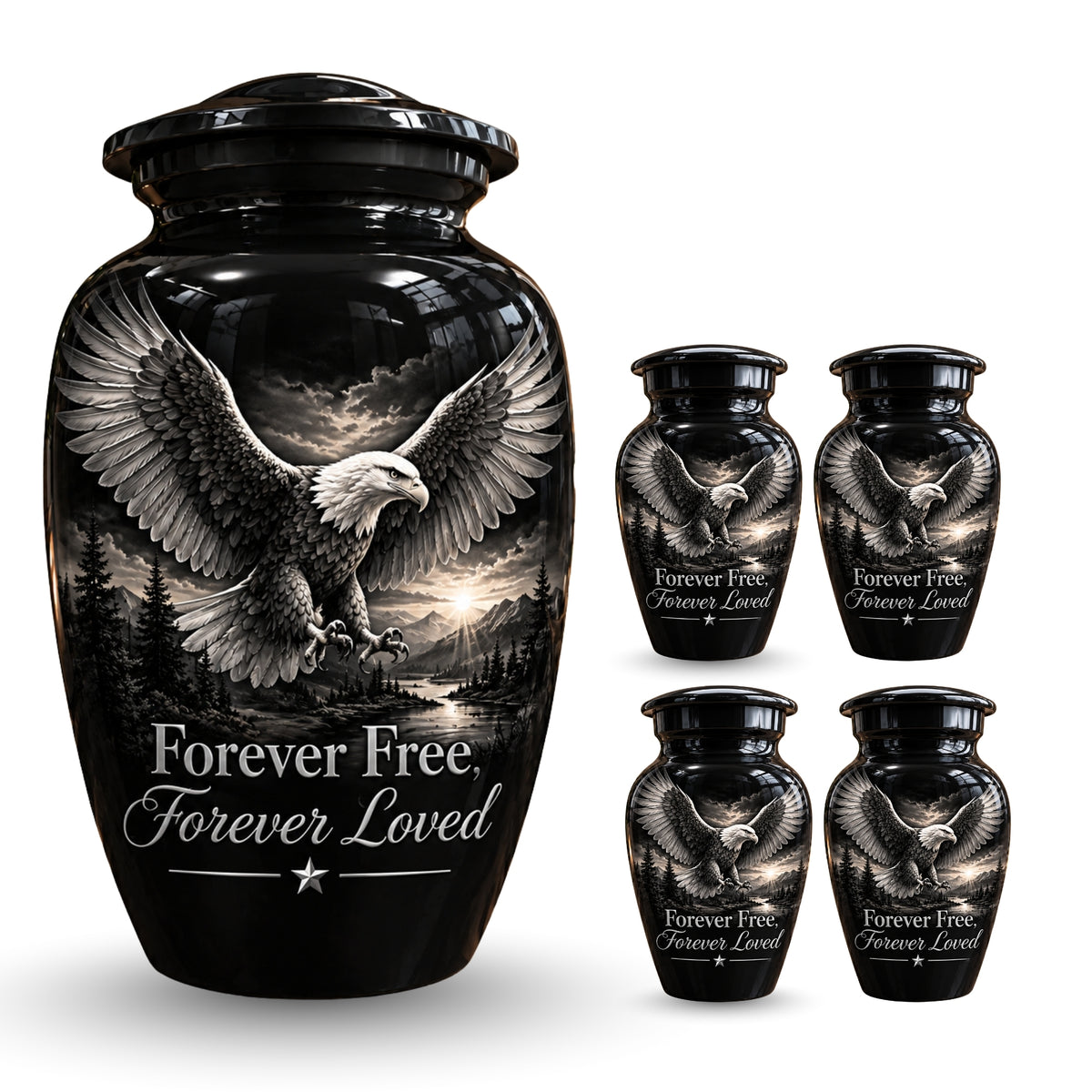 black & white eagle mountain lake cremation urn for human ashes, handmade aluminum – photo 8