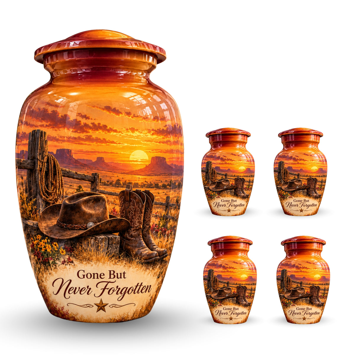 Cowboy Boots and Hat Cremation Urn for Human Ashes – Personalized Handmade Aluminum Urn