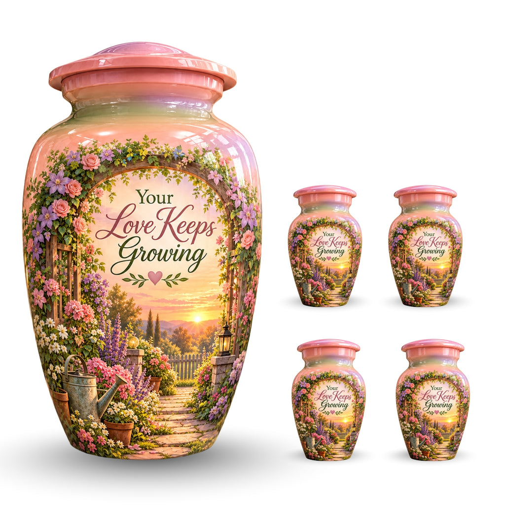 Floral Garden Arbor Sunset Cremation Urn for Human Ashes – Personalized Handmade Aluminum Urn