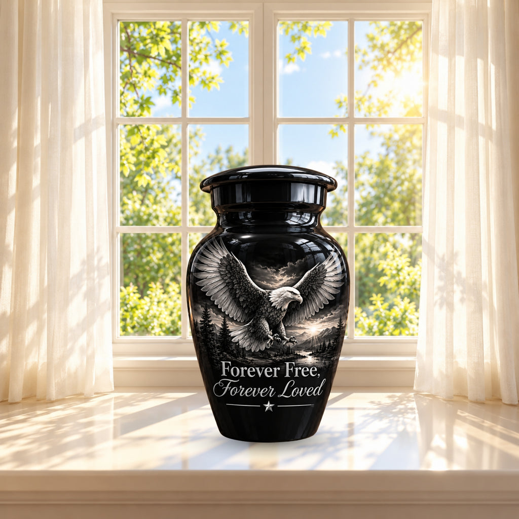 black & white eagle mountain lake cremation urn for human ashes, handmade aluminum – photo 9