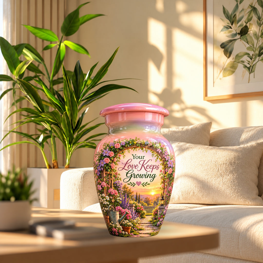 Floral Garden Arbor Sunset Cremation Urn for Human Ashes – Personalized Handmade Aluminum Urn