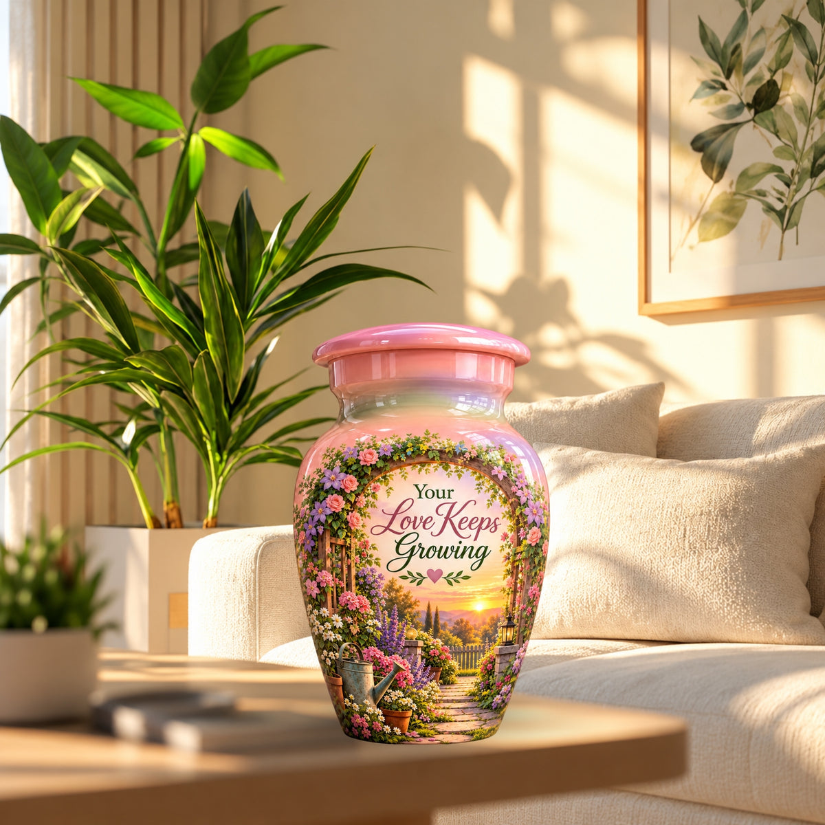 Floral Garden Arbor Sunset Cremation Urn for Human Ashes – Personalized Handmade Aluminum Urn