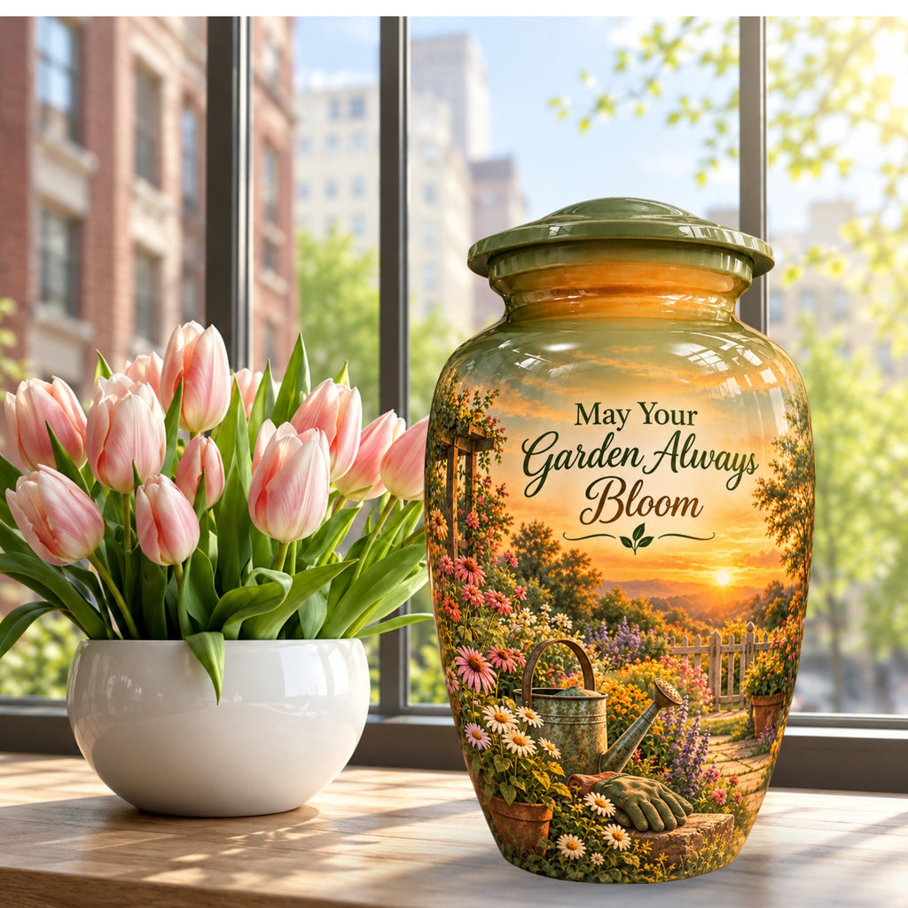 Peaceful Garden Sunset Cremation Urn for Human Ashes – Personalized Handmade Aluminum Urn