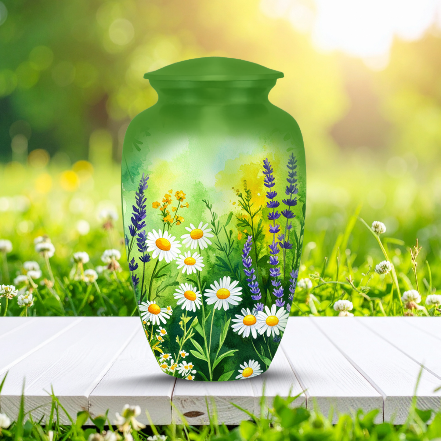 Green nature memorial urn with daisies and lavender